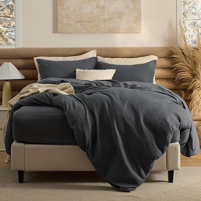 Bedsure 100% Cotton Duvet Cover Queen Size with Fitted Sheet - 4 Pieces Charcoal Waffle Weave Bedding Set, GentleSoft™ and Breathable, Includes 1 Duvet Cover 90x90, 1 Fitted Sheet, 2 Pillow Shams