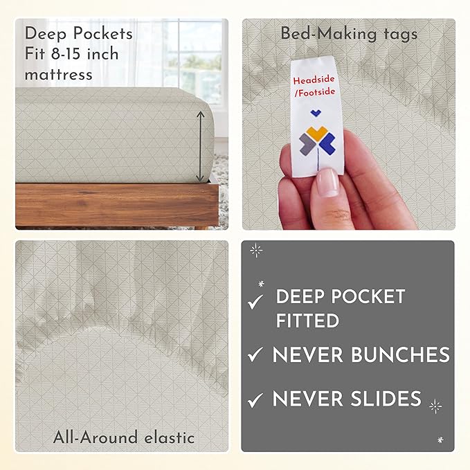 California Design Den Deep Pocket Twin Sheets Set - 400 Thread Count Sateen, Natural 100% Cotton Bed Sheets, Deep Pocket Cooling and Durable Bedding Set - Taupish-Sage Crosshatch