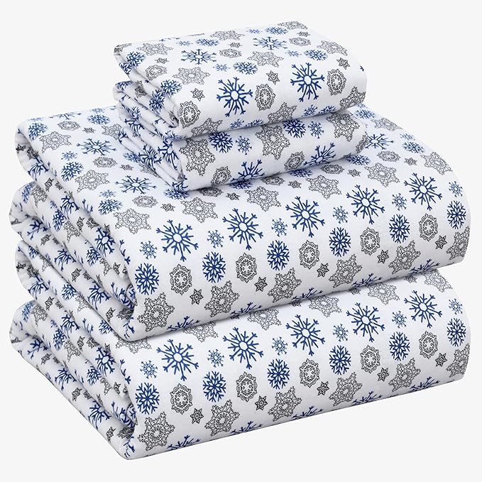 RUVANTI Flannel Sheets Full Size - 100% Cotton Double Brushed Bed Sheets Set, Deep Pockets 16 Inches, All Seasons Breathable & Extra Soft Full Sheets, Warm & Cozy, 4 Piece, Snow Flake Grey