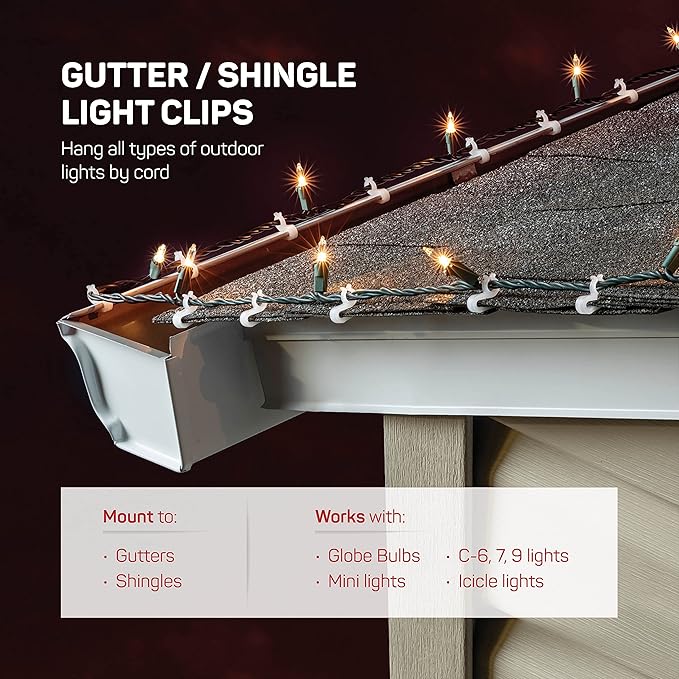 Christmas Light Clips - Set of 600 Mini Clips for Gutters and Shingles - Hanging Outdoor Lights - USA Made - No Tools Required