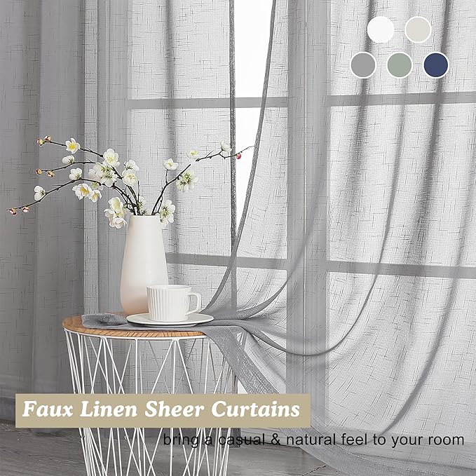 Aiyufeng Kirei Elegant Grey Linen Look Sheer Curtains for Window Decor, Rod Pocket Gray Flax Window Treatment Privacy with Light Filter Vertical Drapes for Bedroom, Charcoal Grey, W40 x L63, 2 Panels