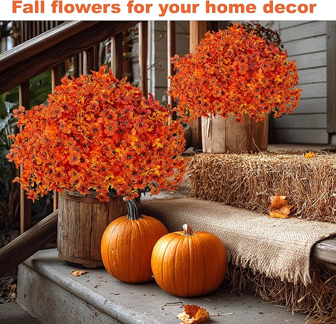Artificial Fall Flowers Outdoor Fake Mums - 16 Bundles Fake Plants UV Resistant No Fade Faux Plastic Greenery Garden Porch Patio Fall Home Decor (Orangeyellow)
