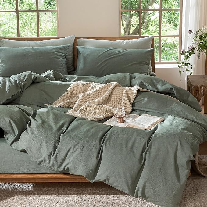 MooMee Bedding Duvet Cover Set 100% Washed Cotton Linen Like Textured Breathable Durable Soft Comfy (Heathered Green, Queen 90"x90")