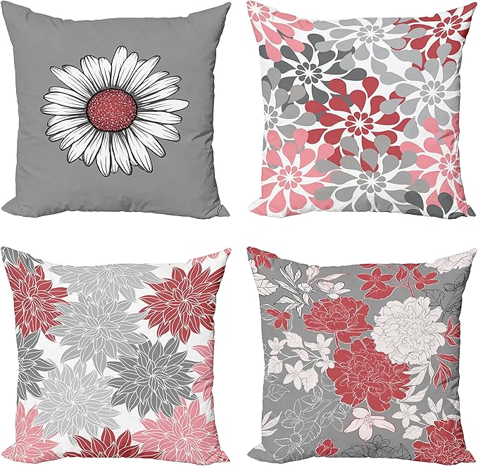 Ambesonne Floral Throw Pillow Cushion Case Pack of 4, Flower Petals Modern Color Palette Chamomile Peony Dahlia and Sunflower Print, Modern Accent Double-Sided Digital Printing, 16", Dark Coral Grey