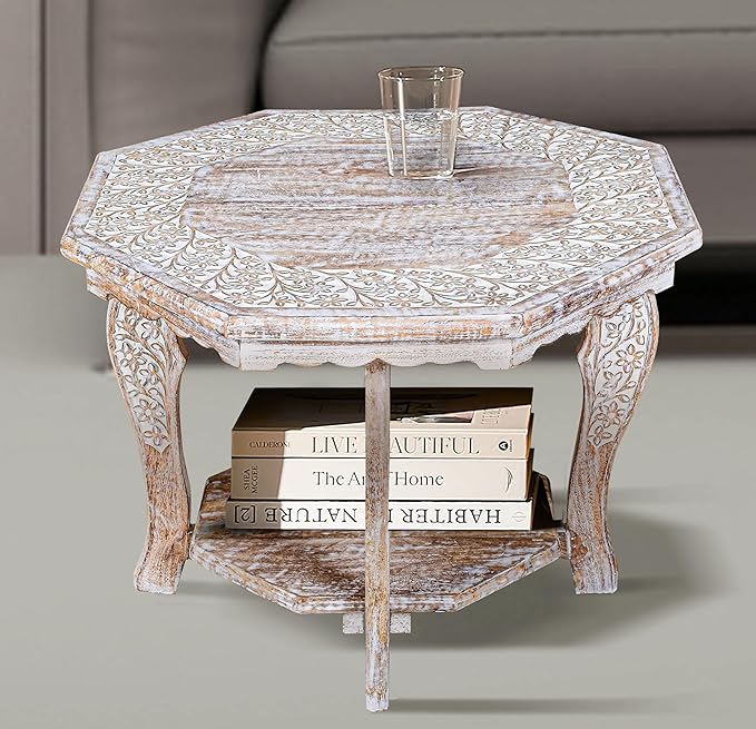 Hand Carved Wooden Octagon Coffee Table, 24"x24"x18" White wash Farmhouse Accent End Table, Rustic Foldable Side Table Nightstand for Bedroom, Dining Room & Living Room