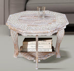 Hand Carved Wooden Octagon Coffee Table, 24"x24"x18" White wash Farmhouse Accent End Table, Rustic Foldable Side Table Nightstand for Bedroom, Dining Room & Living Room