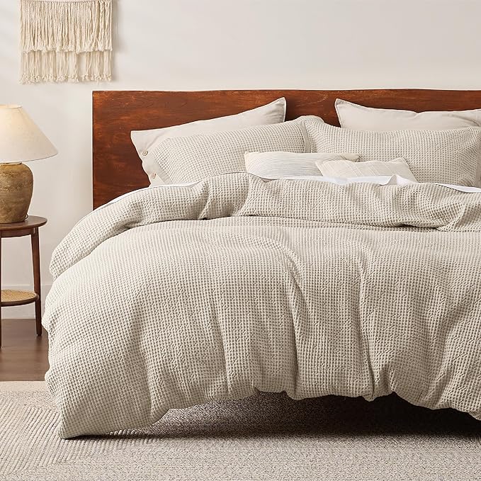 Bedsure Cotton Duvet Cover Queen Size - 100% Cotton Waffle Weave Beige Duvet Cover Queen Size, GentleSoft™ and Breathable Bedding Set for All Season, 3 Pieces, 90"x90"