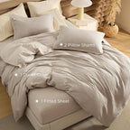Bedsure 100% Cotton Duvet Cover Queen Size with Fitted Sheet - 4 Pieces Linen Color Waffle Weave Bedding Set, GentleSoft™ and Breathable, Includes 1 Duvet Cover 90x90, 1 Fitted Sheet, 2 Pillow Shams