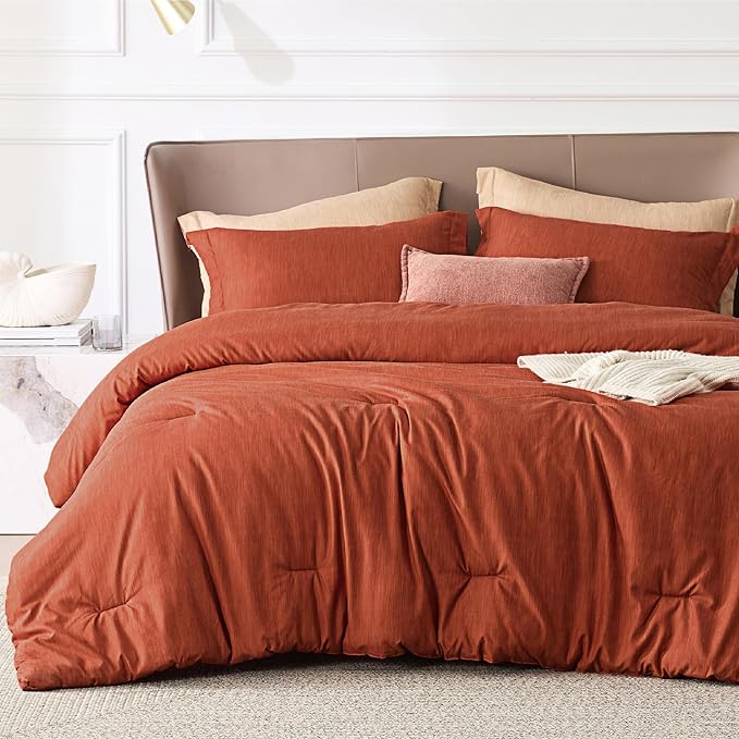 Bedsure Queen Comforter Set - Burnt Orange Soft Bedding for All Seasons, Cationic Dyed Bed Set, 3 Pieces, 1 Queen Size Comforter (90"x90") and 2 Pillow Shams (20"x26"+2")