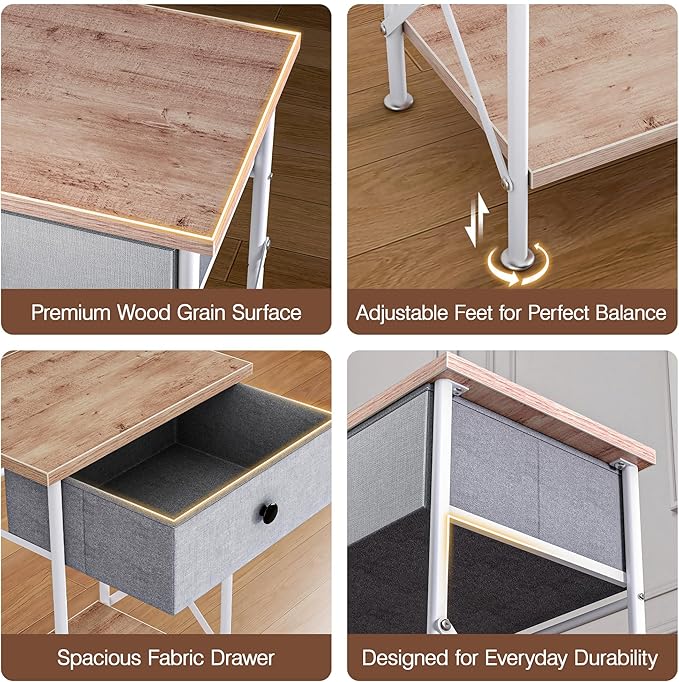 VECELO Nightstand with Drawer, Small Bedside Table with Storage and Adjustable Metal Legs, Wood End Table for Bedroom or Living Room, Perfect for Small Spaces and Modern Farmhouse Décor, Light Brown