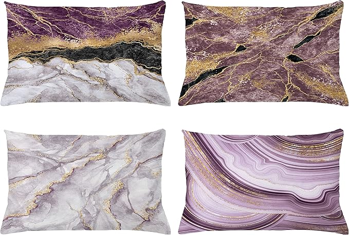 Ambesonne Marble Print Throw Pillow CushiCase Pack 4, Quartz Inspired Design Stone Surface Look Print Modern Style Stained, Modern Accent Double-Sided Digital Printing, 20" x 12", Mauve Lilac Grey