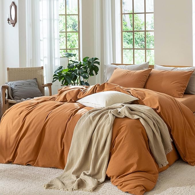MooMee Bedding Duvet Cover Set 100% Washed Cotton Linen Like Textured Breathable Durable Soft Comfy (Solid Burnt Orange, Super King 108"x98")