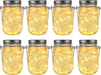 GIGALUMI Solar Mason Jar Lights, 8 Pack 30 Led String Fairy Lights Garden Lights Outdoor Waterproof Metal Lid Hanging Solar Lanterns for Outdoor, Garden, Patio, Lawn, Balcony Decoration