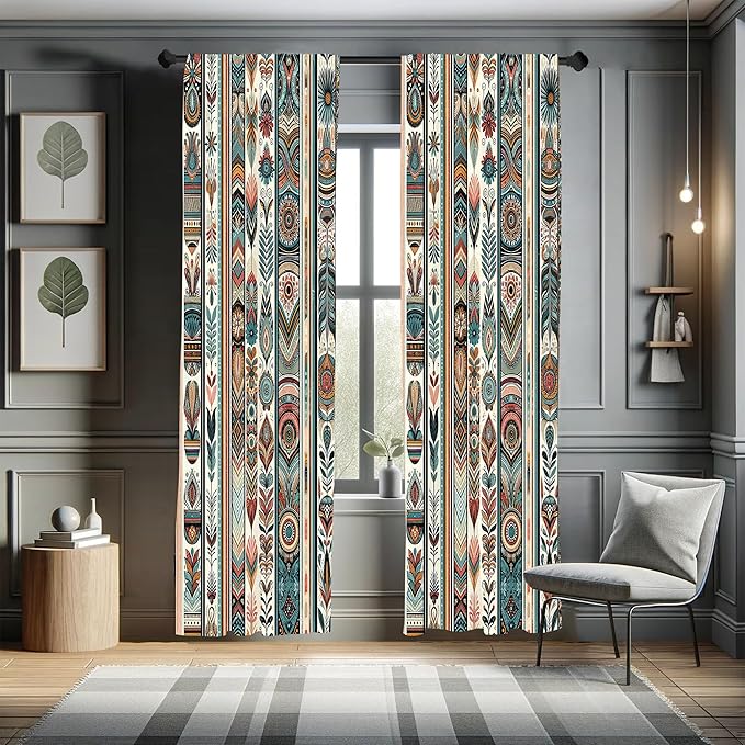 Ambesonne Ethnic Curtains, Folkloric Style Floral Ornaments with Bohemian Oriental Motifs as Stripes, Window Treatments 2 Panel Set for Living Room Bedroom, Pair of - 28" x 84", Teal Coral and Orange
