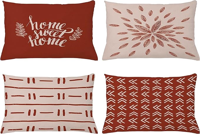Ambesonne Modern Throw Pillow CushiCase Pack 4, Scandinavian Minimal Ornaments Boho Feather Leaves Home Phrase Print, Modern Accent Double-Sided Digital Printing, 20" x 12", Pale Tan and Dark Rust