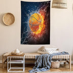 Ambesonne Sports Tapestry, Basketball Ball and Water Splashing Thunder Lightning Themed Design, Wall Hanging for Bedroom Living Room Dorm Decor, 60" X 80", Dark Blue and Burgundy