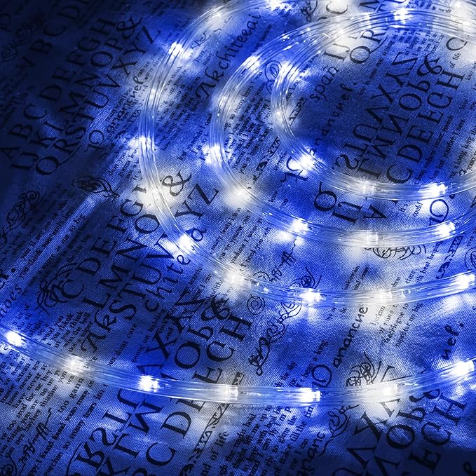 50ft LED Rope Lights Outdoor, 360 LED Connectable and Flexible Tube Lights with 8 Modes, Waterproof LED Rope Lighting for Garden Patio Bedroom Party Pool Indoor Outdoor Christmas Decor (White & Blue)