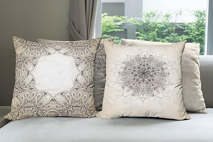 Ambesonne Ethnic Throw Pillow Cushion Case Pack of 4, Mandala Design Cultural Folkloric Motifs Swirling Floral Style Art Illustration, Modern Accent Double-Sided Digital Printing, 18", Eggshell Brown