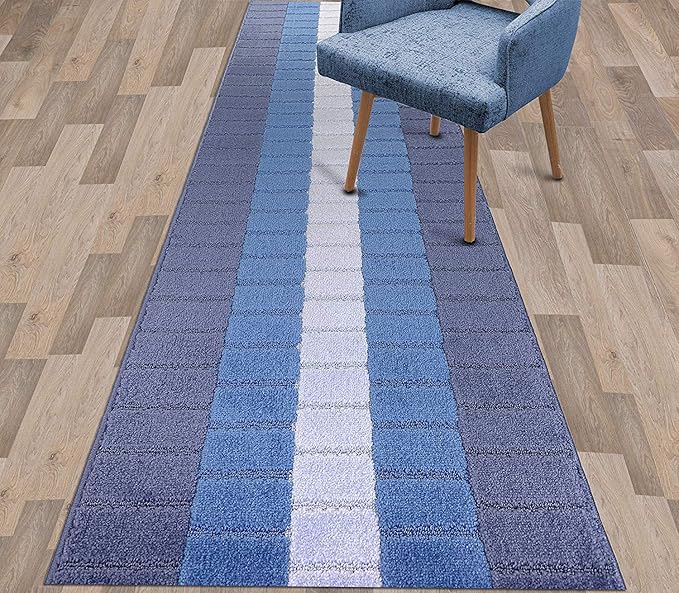 Custom Size Coastal Nautical Style Runner Rug Carpet for Hallway Entryway, Slip Resistant Latex Rubber Backed, 31 inch Wide X Customized Length, Squares Blue, 31 inch X 27 feet