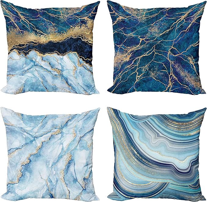 Ambesonne Marble Print Throw Pillow Cushion Case Pack of 4, Modern Themed Pastel Stone Stain Look Veins Aquatic, Tones for Decorative Home Accent Double-Sided Digital Printing, 16", Pale Blue Indigo