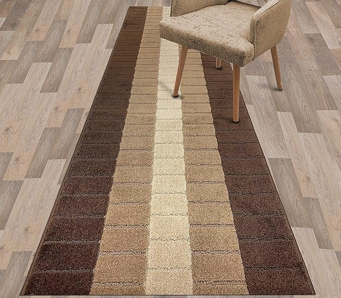 Custom Size Modern Geometric Pattern Carpet Runner Rug for Hallways, Slip Resistant Latex Rubber Backed, 31 inch Wide X Customized Length, Squares Brown, 31 inch X 31 feet