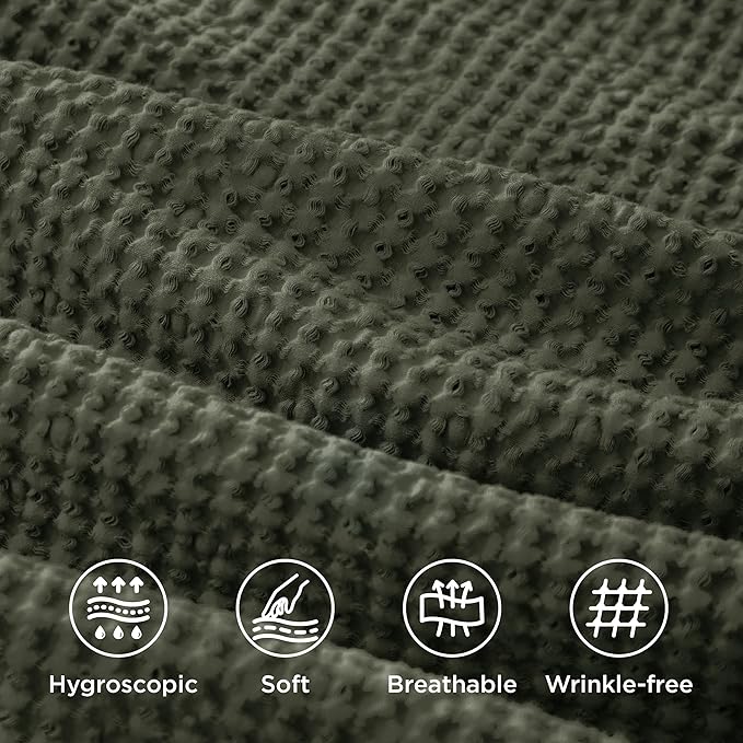 Bedsure 100% Cotton Duvet Cover Queen Size with Fitted Sheet - 4 Pieces Olive Green Waffle Weave Bedding Set, GentleSoft™ and Breathable, Includes 1 Duvet Cover 90x90, 1 Fitted Sheet, 2 Pillow Shams