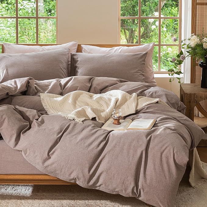 MooMee Bedding Duvet Cover Set 100% Washed Cotton Linen Like Textured Breathable Durable Soft Comfy (Heathered Mauve Brown, Cal King 104"x98")