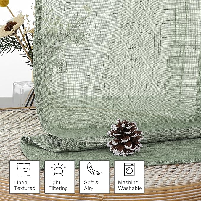 Aiyufeng Faux Sage Green Sheer Curtains 54 Inch Length 2 Panel Set, Fresh Farmhouse 54 Inch Long Sheer Linen Look Airy & Lightweight Elegant Window Treatments for Bedroom/Kitchen, 30Wx54L inch