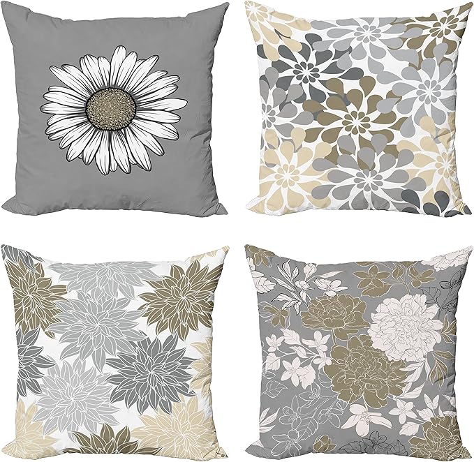 Ambesonne Floral Throw Pillow Cushion Case Pack of 4, Flower Petals Modern Color Palette Chamomile Peony Dahlia and Sunflower Print, Modern Accent Double-Sided Digital Printing, 24", Slate Brown Grey