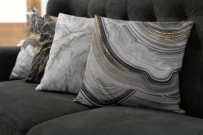 Ambesonne Marble Throw Pillow Cushion Case Pack of 4, Obsidian Like Ornaments Natural Stone Stains and Veins Golden Yellow Tone, Modern Accent Double-Sided Digital Printing, 20", Charcoal Grey Coconut