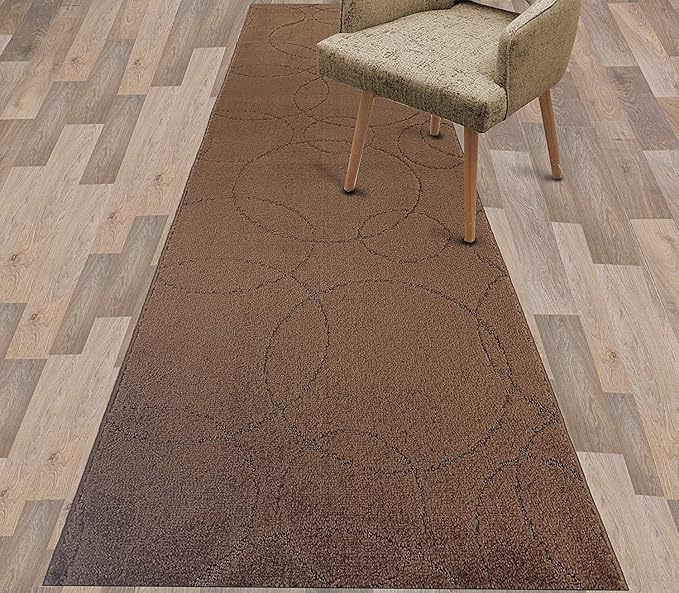 Custom Size Modern Geometric Pattern Carpet Runner Rug for Hallways, Slip Resistant Latex Rubber Backed, 31 inch Wide X Customized Length, Circles Brown, 31 inch X 23 feet