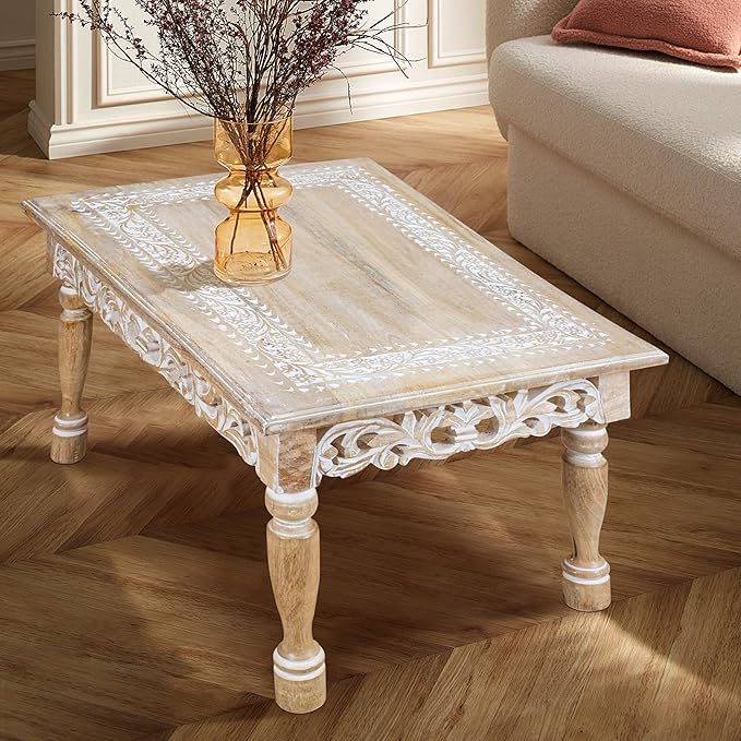 Rectangular Wooden Coffee Table 36x24x18 Inch – Beige Finish with Cutwork Jali Carving, Rustic Farmhouse Style, Mid-Century Modern Living Room Furniture