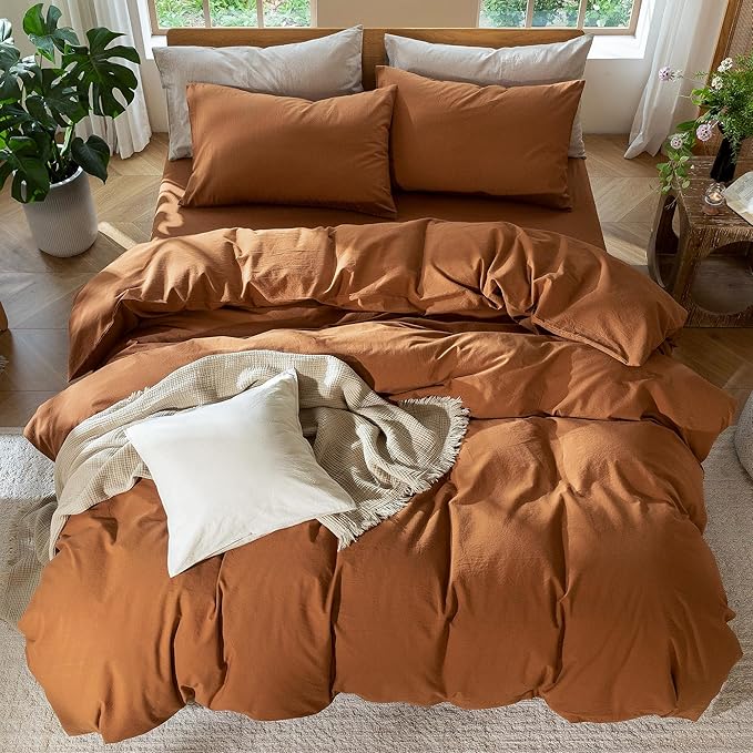 MooMee Bedding Duvet Cover Set 100% Washed Cotton Linen Like Textured Breathable Durable Soft Comfy (Solid Dark Orange, Super King 108"x98")