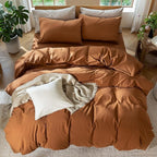 MooMee Bedding Duvet Cover Set 100% Washed Cotton Linen Like Textured Breathable Durable Soft Comfy (Solid Dark Orange, Alaska King 132"x120")