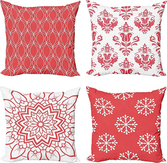 Ambesonne Retro Throw Pillow Cushion Case Pack of 4, Trellis Grid Medieval Floral Damask Mandala Flower Ornament in Modern Monochrome, Modern Accent Double-Sided Digital Printing, 16", Dark Coral