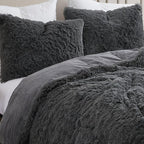 Full Size Luxury Faux Fur Comforter Set - Soft & Breathable 7-Piece Bedding Collection - 1 Comforter, 1 Fitted Sheet, 1 Flat, 2 Pillowcases, 2 Pillow Shams - Deep Pocket - Premium Quality, Dark Gray