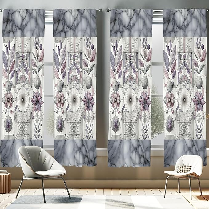 Ambesonne Geometric Floral Window Curtains Pack of 2, Classic Marble Print Ornate Leafy Flowers and Futurist Stripes, Lightweight Set with Rod Pocket, 4 Panels of - 28" x 84", Ceil Blue Laurel Green
