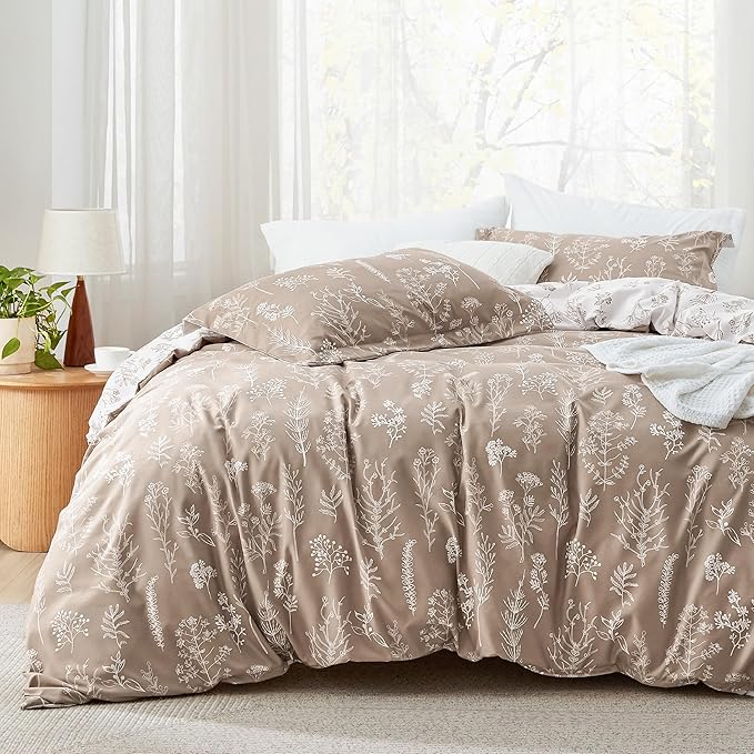 Bedsure Twin/Twin XL Comforter Set - Light Taupe Bed Set, 2 Pieces Cute Floral Bedding, 1 Soft Reversible Botanical Flowers Comforter and 1 Pillow Sham