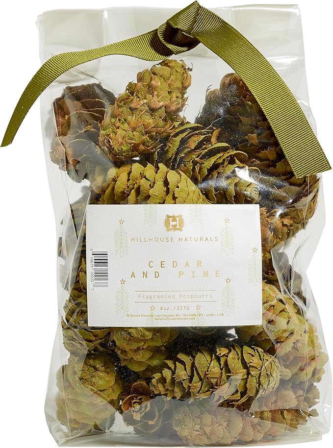 Hillhouse Naturals Cedar & Pine 8oz Potpourri Green Pine Cones. Our Potpourri Combines The Fresh Scent of Pine with a Subtle hint of Cedar and Citrus Peel. Made in The USA.