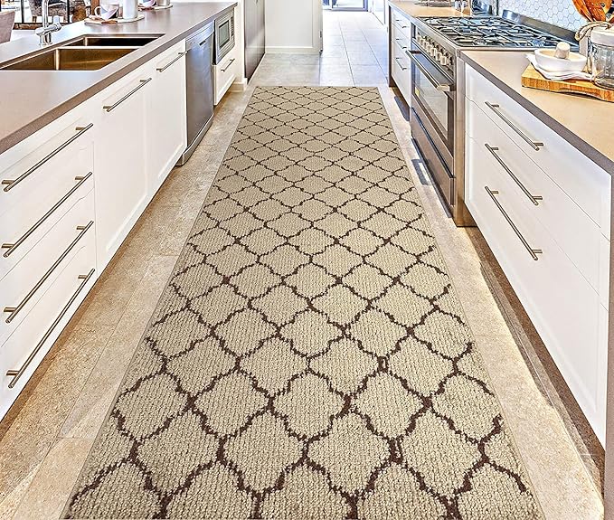 Custom Size Modern Runner Rug Carpet for Hallway Entryway Foyer Kitchen, Slip Resistant Latex Rubber Backed 31 inch Wide X Customized Length, Trellis Beige, 31 inch X 27 feet