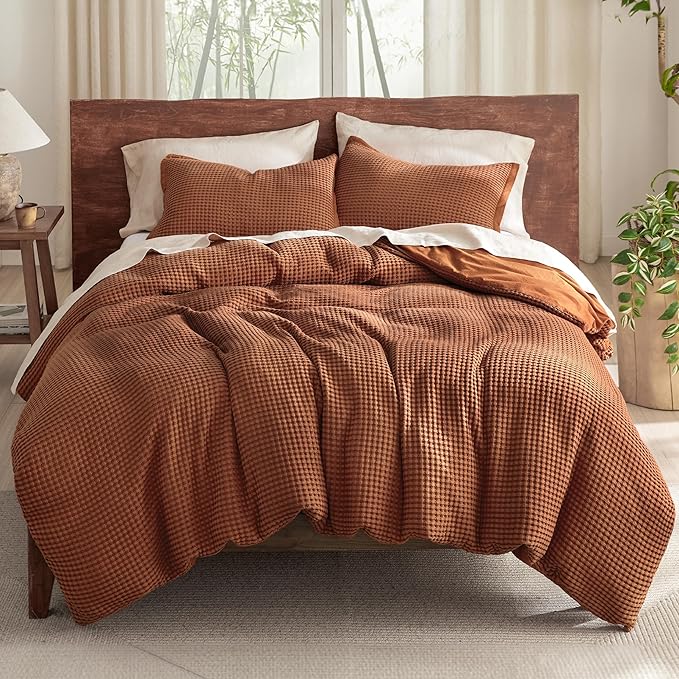 Bedsure Cooling Waffle Duvet Cover King - Cotton Blend Rayon Derived from Bamboo Duvet Cover Set for Hot Sleepers, Breathable Bedding Set with a Vintage Charm, 3 Pieces (Burnt Orange, King, 104"x90")
