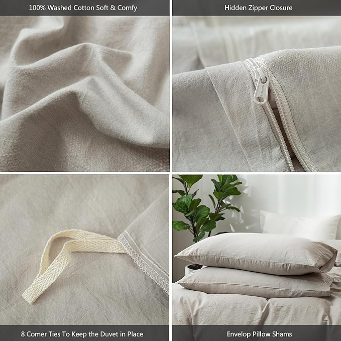 MooMee Bedding Duvet Cover Set 100% Washed Cotton Linen Like Textured Breathable Durable Soft Comfy (Heathered Cream Grey, Super Queen 90"x98")