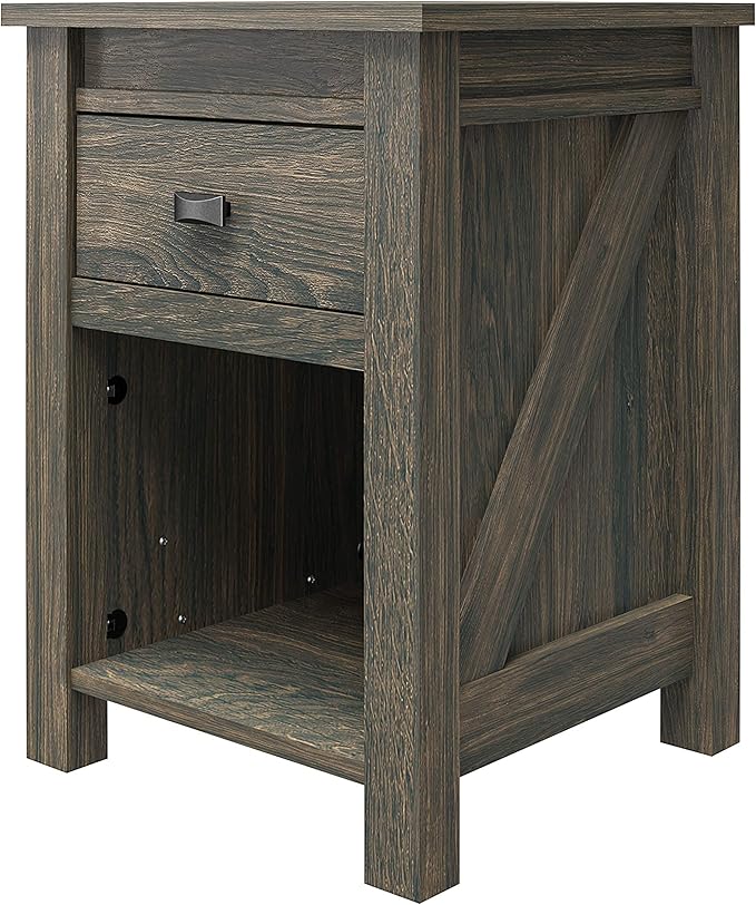 Ameriwood Home Farmington Country Style Nightstand with Barn Door Design, Concealed Drawer and Open Cubby, Weathered Oak