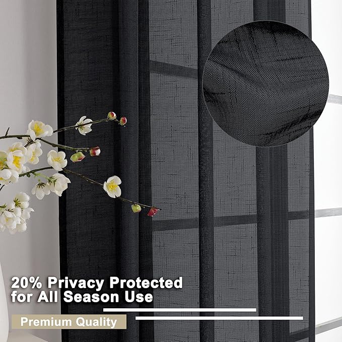 Aiyufeng Black Sheer Curtains 45 Inch Length 2 Panels, Short Linen Curtains for Kitchen, Small Window Curtains Window Treatment Privacy with Light Filtering for Cafe/Bathroom, Each 30Wx45L Inch, Black