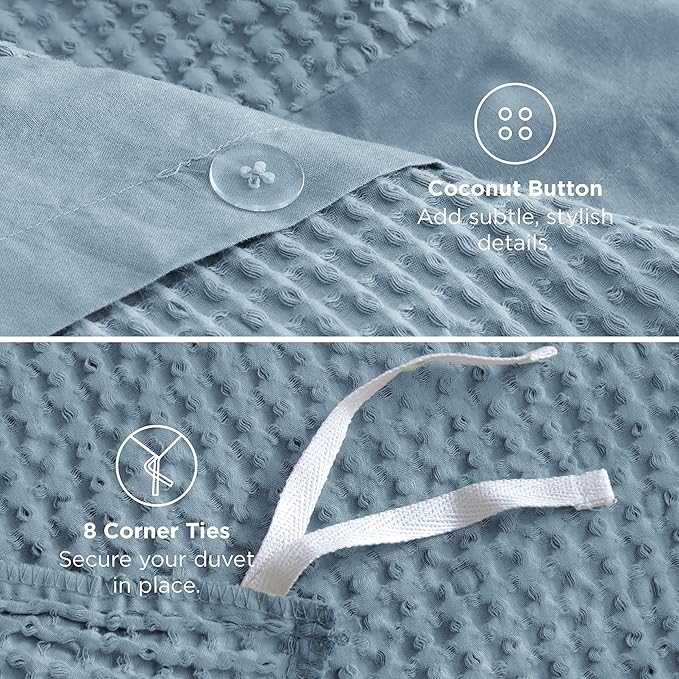 Bedsure Cotton Duvet Cover Queen - 100% Cotton Waffle Weave Grey Blue Duvet Cover Queen Size, GentleSoft™ and Breathable Bedding Set for All Season, 3 Pieces, 90"x90"