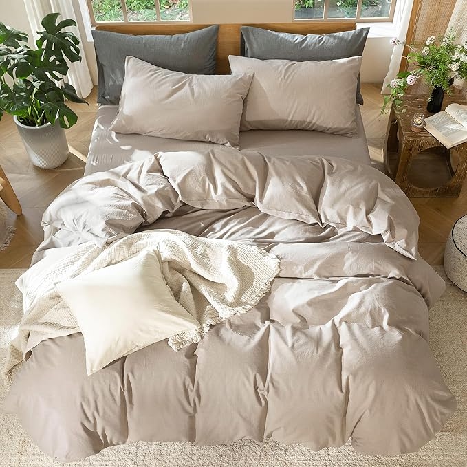 MooMee Bedding Duvet Cover Set 100% Washed Cotton Linen Like Textured Breathable Durable Soft Comfy (Heathered Taupe, Oversized Queen 98"x98")