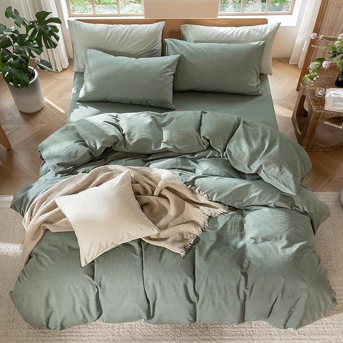 MooMee Bedding Duvet Cover Set 100% Washed Cotton Linen Like Textured Breathable Durable Soft Comfy (Heathered Green, Oversized Queen 98"x98")