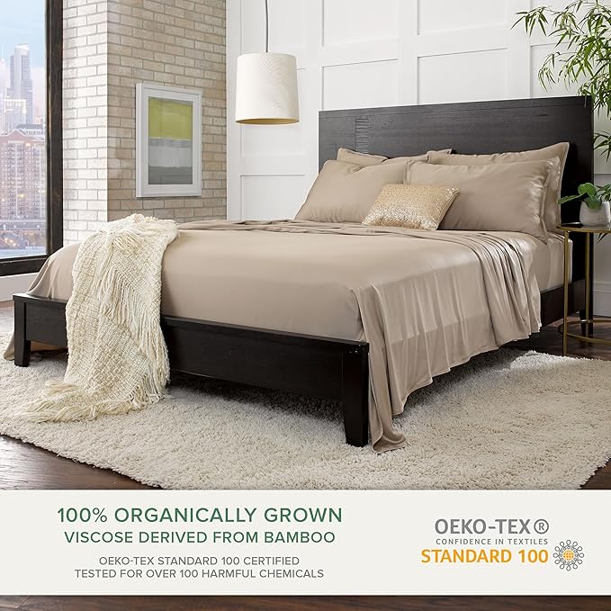 Full Sheets by Pure Bamboo, Genuine 100% Organic Viscose Derived from Bamboo Bed Sheet Set, Luxuriously Soft & Cooling, Double Stitching, Lifetime Quality Promise (Full, Sand)
