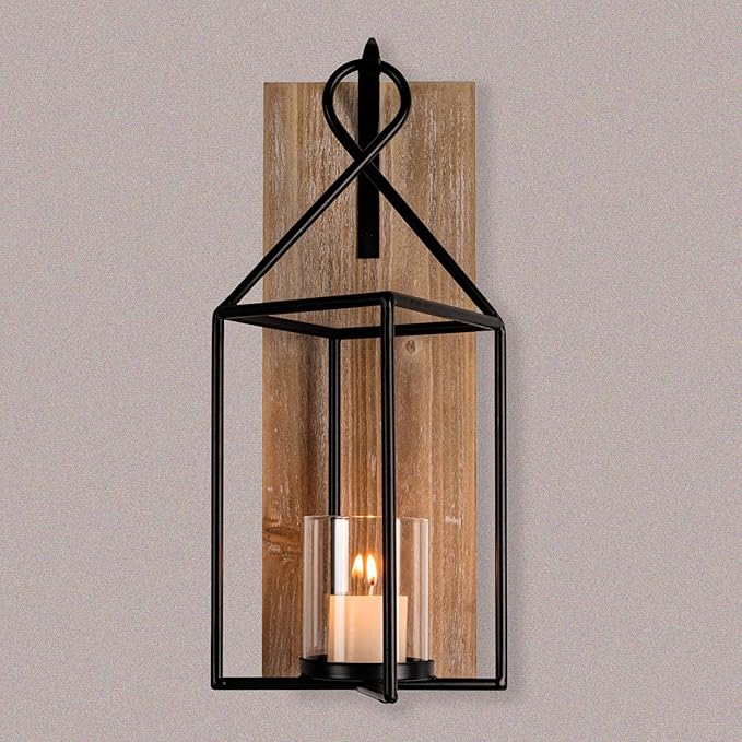 Homemory Wall Candle Sconce, Wood Rustic Candle Holder Decorative Candle Lantern with Glass Holder, Wall Decorations for Living Room, Dining Room