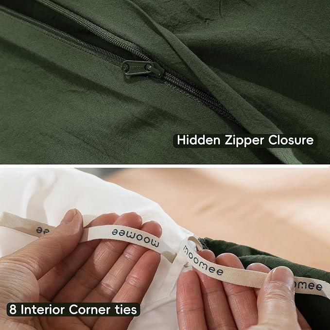 MooMee Bedding Duvet Cover Set 100% Washed Cotton Linen Like Textured Breathable Durable Soft Comfy (Solid Forest Green, Oversized King Plus 128"x120")